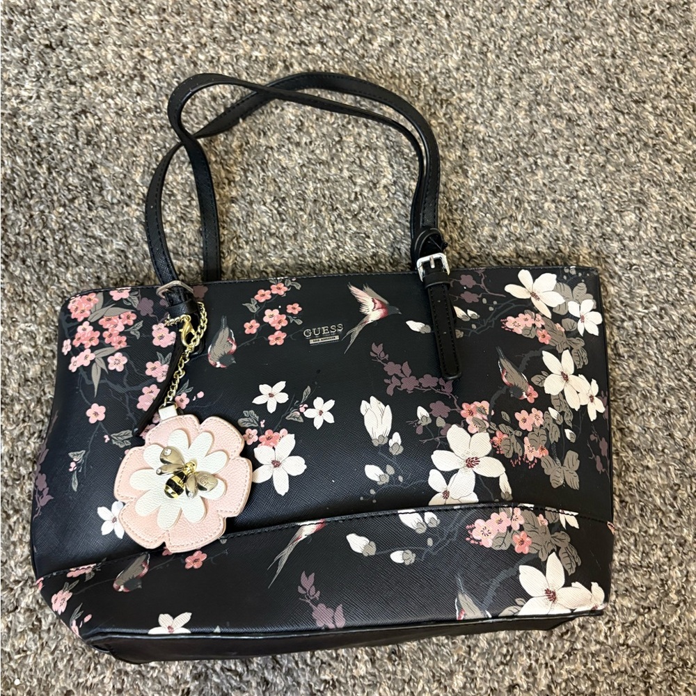 Guess Black and Pink Floral Tote Bag